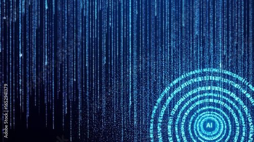 Abstract Blue Digital Data Streams Converging Towards Concentric Circle AI Fingerprint on Dark Background