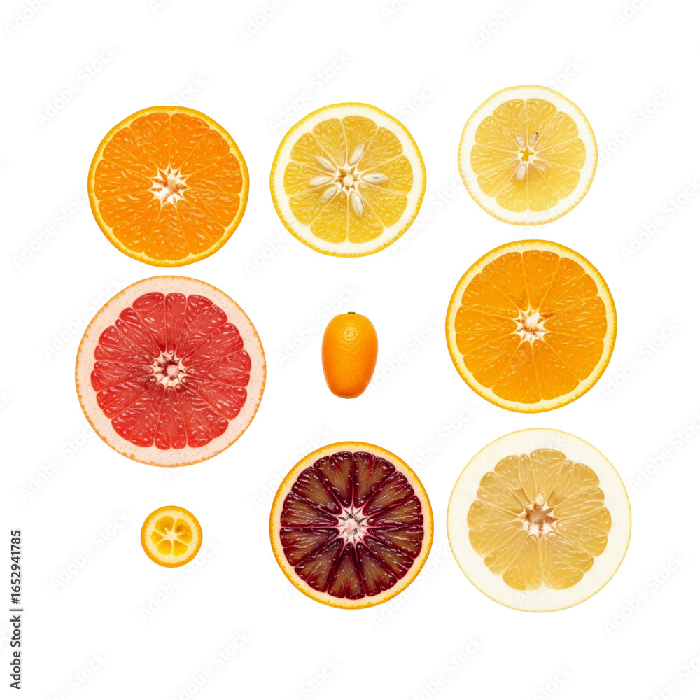 Assortment of fresh citrus fruit slices and a kumquat Assortment of fresh citrus fruit slices and a kumquat