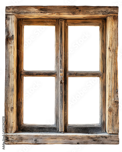 Old rustic wooden window frame with four panes isolated on transparent background