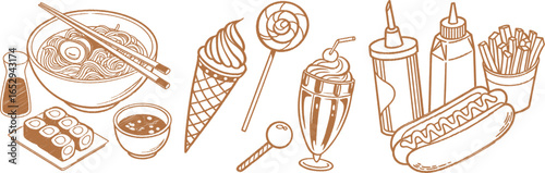 Hand drawn fast food and dessert illustration including noodles, sushi, ice cream, soda, fries, and hotdog. Vintage sketch style perfect for menu, and restaurant design. Retro food artwork.