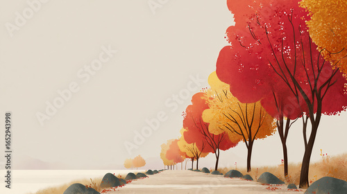 紅葉の並木道と静かな秋の風景