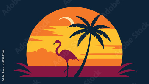 Flamingo and palm tree silhouetted against a vibrant sunset over water tropical transparency background