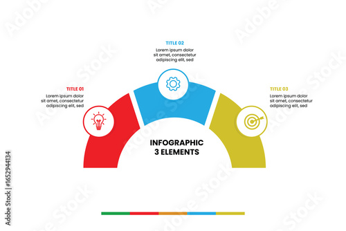 Circular 3-step infographic template with modern arcs. Ideal for presenting interconnected ideas, processes, or key elements. Fully editable