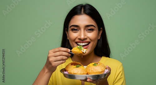 Woman Enjoying Pani Puri, Indian Street Food