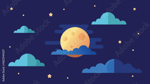 Flat design cartoon moon and clouds in a starry night sky stars transparency background