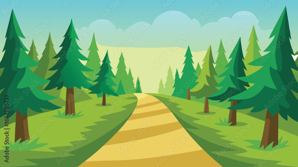 Fototapeta premium Flat Design Forest Path with Green Trees and Blue Sky nature transparency background