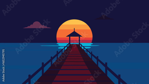 Flat design pier leading to a gazebo against a sunset over the ocean water transparency background