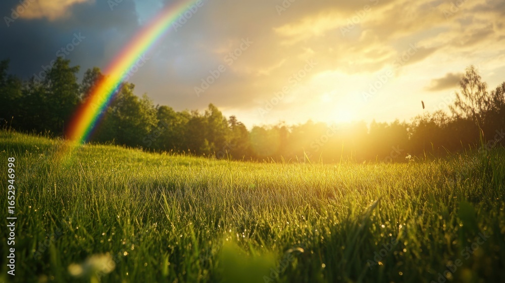 Naklejka premium Scenic Rainbow Over Green Meadow at Sunrise with Sunlight