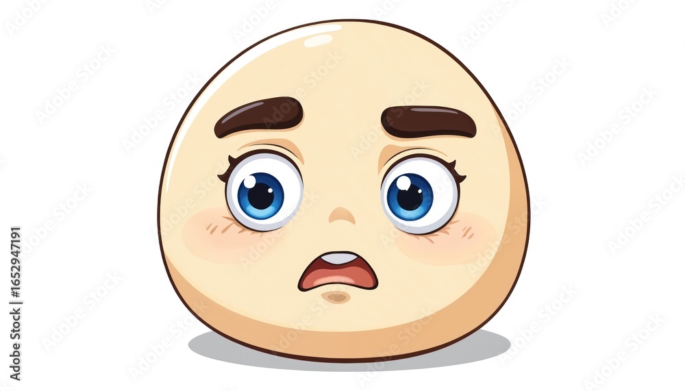 Obraz premium Cartoon character with round light brown body and friendly face. Wide open blue eyes and small nose, playful and whimsical. White background, contrasting with brown body, making colors pop.