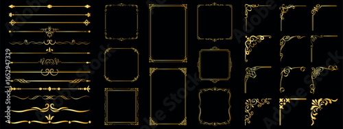 Set of decorative vintage gold frames, ornate floral borders, corner elements and scroll dividers. Elegant Thailand style photo frame vector for pictures and design.