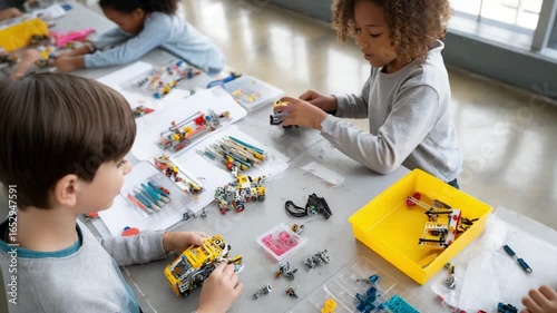 Creative Minds at Play: A group of children are engrossed in a creative and educational activity, constructing and building structures using colorful toy building blocks.