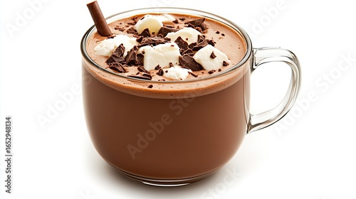 Frothy hot chocolate in glass mug with marshmallows and chocolate shavings on white background