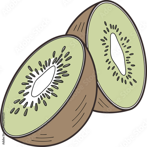 Fresh green kiwi fruit, halved and sliced, isolated on a white background