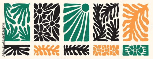 Matisse organic doodle plant shapes. Abstract flower and leaves shapes set. Trendy minimal style. Contemporary poster or background. Botanic vector illustration