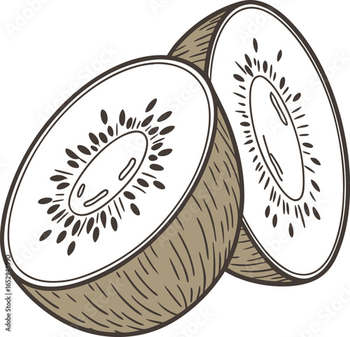 Sliced ripe kiwi fruit with leaves isolated on a white background, a fresh and healthy tropical food illustration