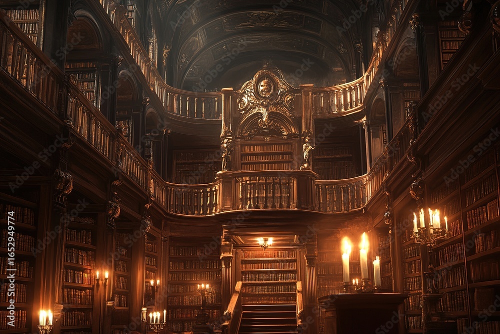 Obraz premium Majestic Renaissance-style library with towering wooden bookshelves, gilded balconies, and warm candlelight glowing across leather-bound books