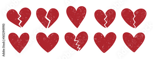 heart and broken heart sketch doodle hand drawn brush textured set. red hearts with texture