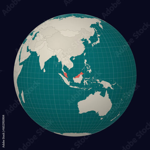 Malaysia on the map. Globe centered to Malaysia. Country location on the world map. Teal Pale Mint color palette. Globe with countries, meridians and parallels. Charming vector illustration.
