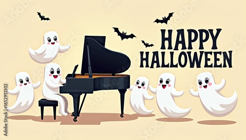 Cute cartoon ghosts dancing and singing around a piano with bats flying in the background, celebrating happy halloween with music and fun