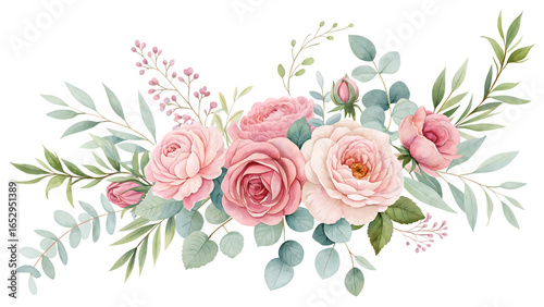 Watercolor floral illustration with pink flowers and eucalyptus PNG. AI GENERATED.
