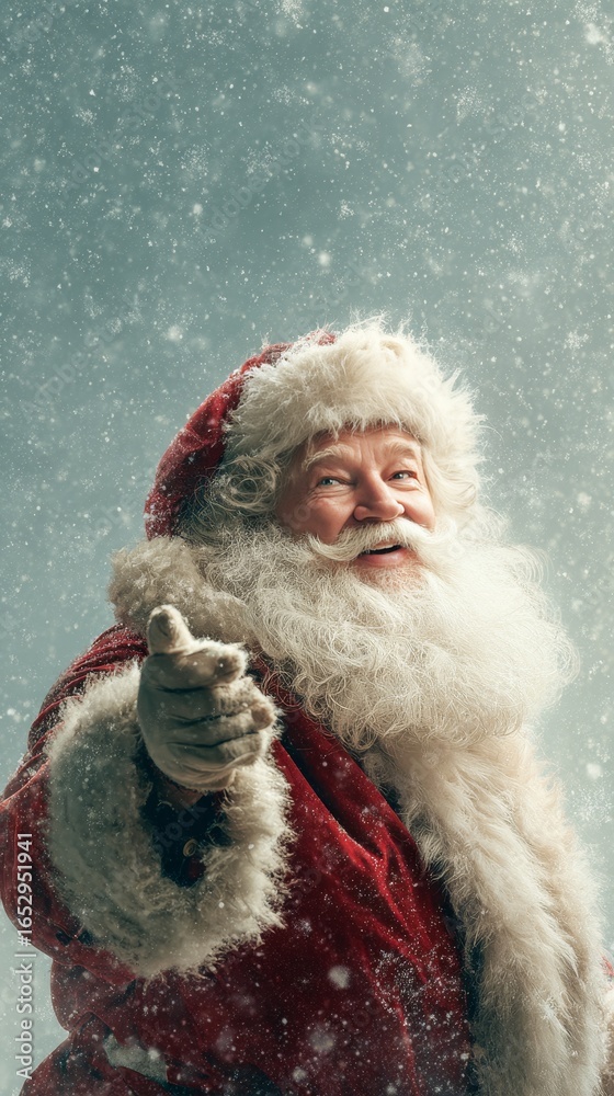Obraz premium Santa Claus Pointing at Blank Sign in Snowy Christmas Scene