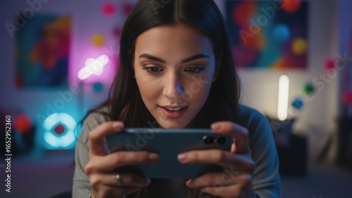 Young woman immersed in gaming on her smartphone in a colorful, vibrant setting.