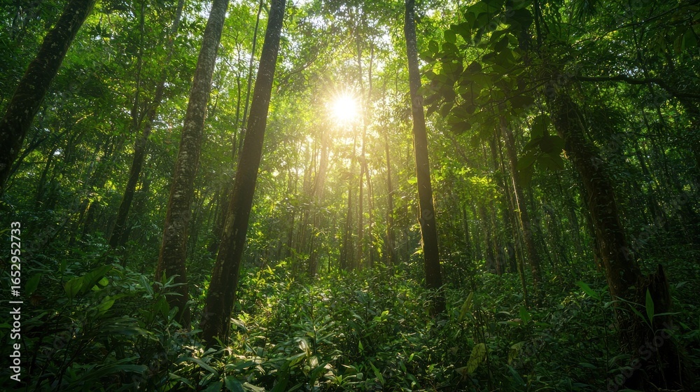 Obraz premium A lush forest ecosystem thrives under sunlight filtering through tall trees, showcasing a healthy environment teeming with wildlife and greenery