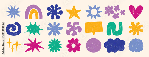 Funky cute shapes and figures crayon texture set. Brutal contemporary colorful retro star figures, flower, sun. Hand drawn primitive geometric elements.