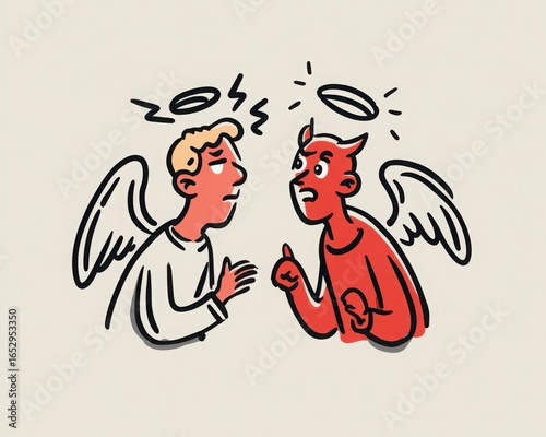 Minimalist Cartoon Angel and Devil Discussion, Inner Conflict Line Illustration