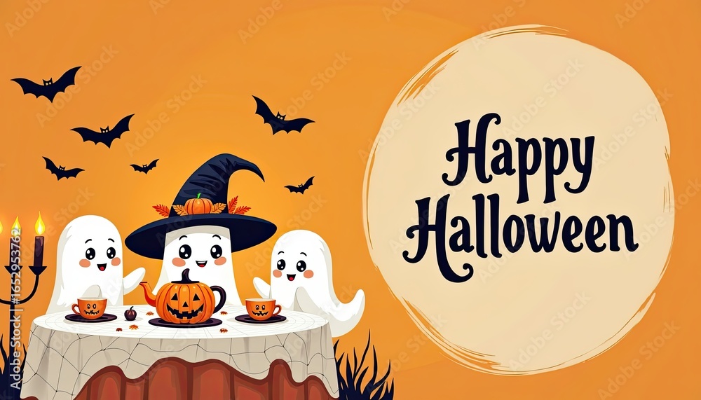 Obraz premium Happy halloween greeting with cute ghosts, a witch hat, and a pumpkin teapot on a table, surrounded by bats and candlelight, set against an orange background with a festive message