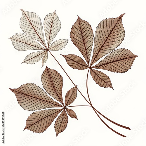 Illustration of three horse chestnut leaves with detailed line work on a white background art piece