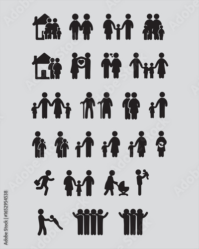 This illustration features a set of vector business and family icons, symbolizing a diverse group of people