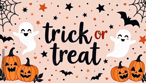Happy halloween trick or treat with cute ghosts, pumpkins, and bats on a festive background with stars and spiderwebs, perfect for holiday decorations and party invitations