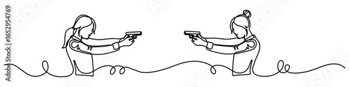 continuous line art of two women aiming shots at each other with a pistol. concept of war and shooting