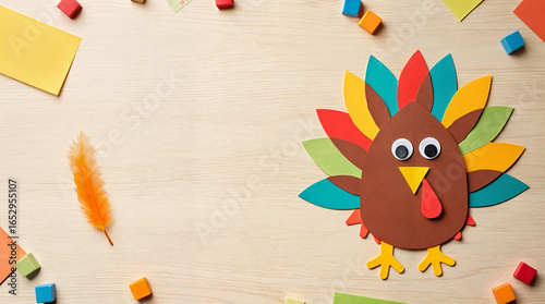 Colorful paper turkey craft with googly eyes on light wooden table with space for text
