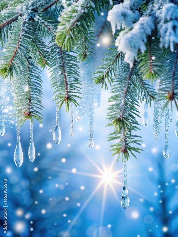Obraz premium Frosty fir branches with snowflakes and icicles covered in sparkling frost