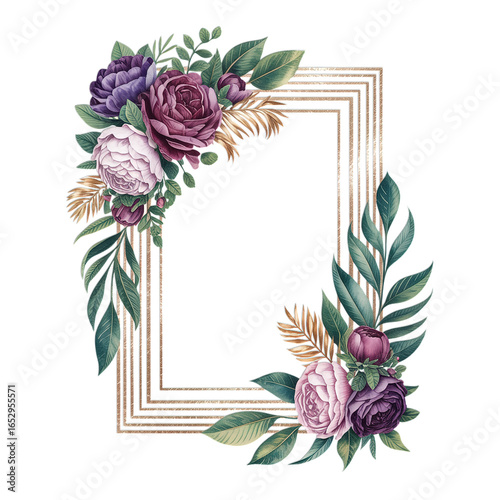 Floral frame with purple and pink roses and green leaves design