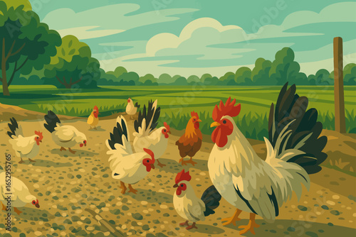 An illustration of a rural farm scene featuring a group of chickens and roosters roaming freely on a dirt path. The chickens, with their bright red combs and white feathers, are pecking at the ground 