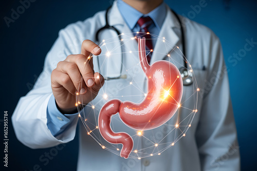 Doctor's hand pointing to glowing stomach model, concept for medical research and healthcare
