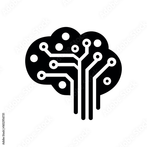 Illustration of a stylized brain with integrated circuit connections in black and white design style