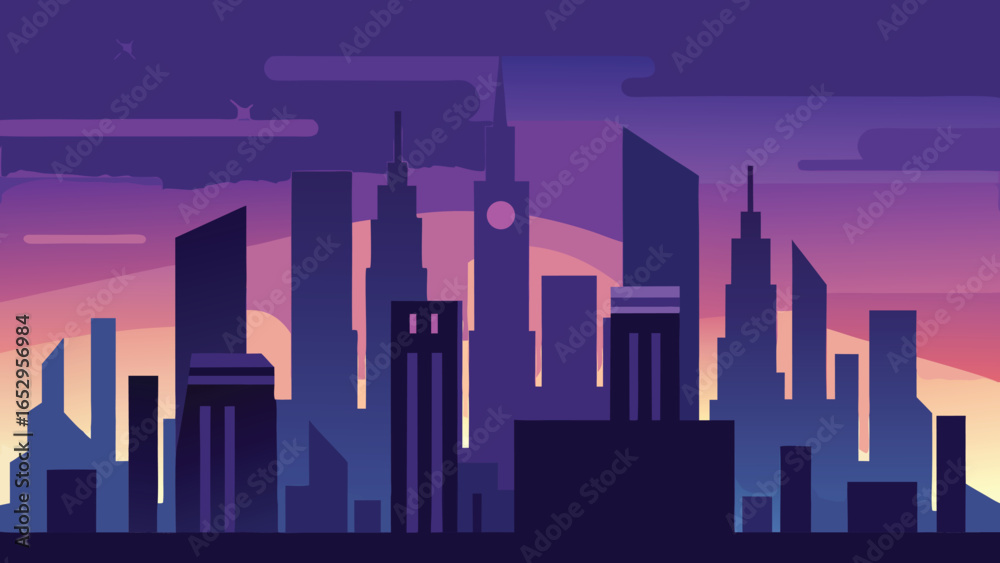 Fototapeta premium Modern City Skyline At Dusk With Purple Hues And Geometric Buildings cityscape urban transparency background