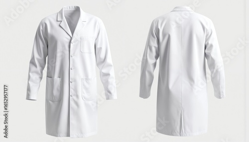 Realistic white doctor coat mock-up shown front, back on transparent background. Medical uniform, clean lab costume for physicians, surgeons, nurses. Essential protective clothing for medical
