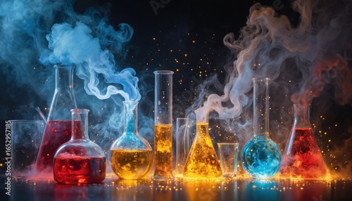 Colorful science experiment with lab glassware, emitting smoke, sparks. Flasks, beakers contain vibrant liquids, indicating dynamic chemical reaction discovery. Illustration perfect for education,