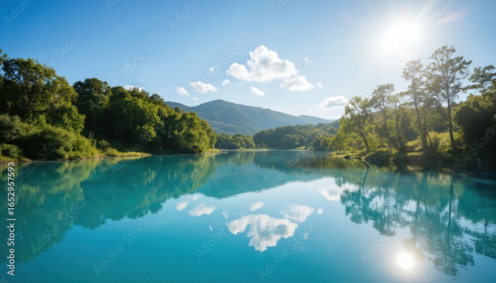 Obraz premium Bright sunny day over a calm lake, reflecting lush green trees and clear blue sky with fluffy clouds. Sunlight sparkles on the water surface, creating a peaceful, scenic natural landscape.