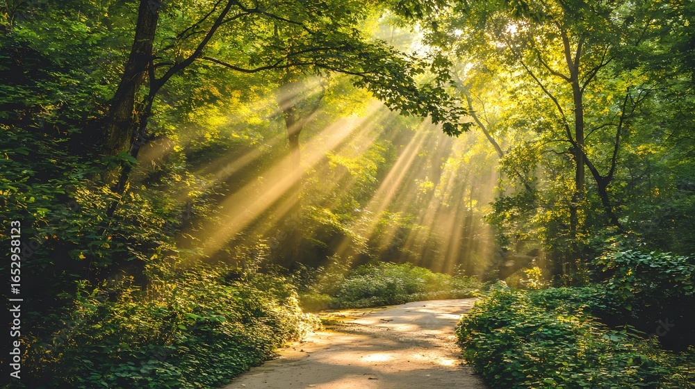 Obraz premium Sunlight streams through lush greenery, illuminating a forest path with golden rays, creating a serene and vibrant atmosphere.