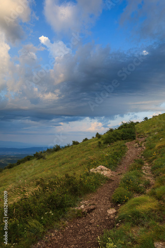 A scenic view from the hiking path on Rtanj mountain, showcasing lush greenery and a dramatic sky.