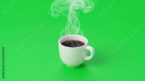Coffee cup with steam rising isolated on a vivid green background.