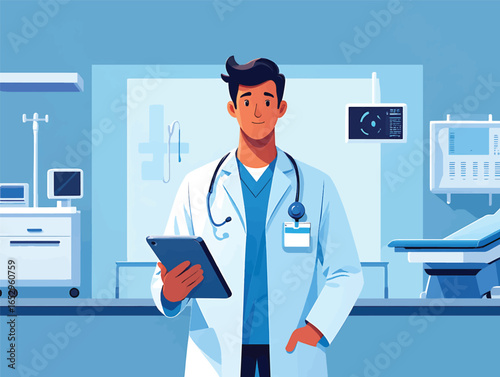 Cheerful Doctor in a Blue Medical Environment Holding a Tablet for Patient Care and Diagnosis