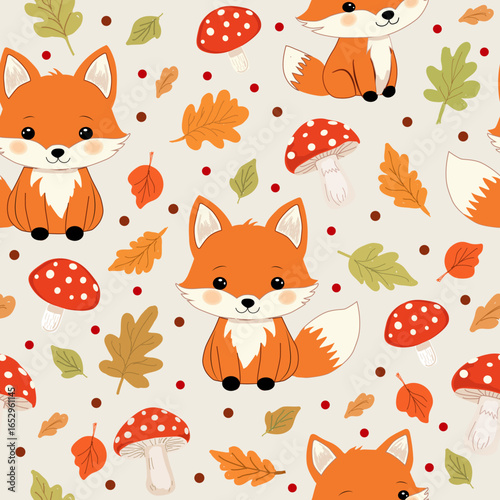 Cute fox autumn seamless pattern. Autumn season background, yellow leaves, mushroom. Textile, wrapping paper, wallpaper. Print for fabric garish vector leaf background