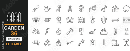 Garden 36 editable line icons set. Plant, flower, tree, lawn, soil, watering, tools, gardening, nature, leaves, pot, grow etc and solid icons.